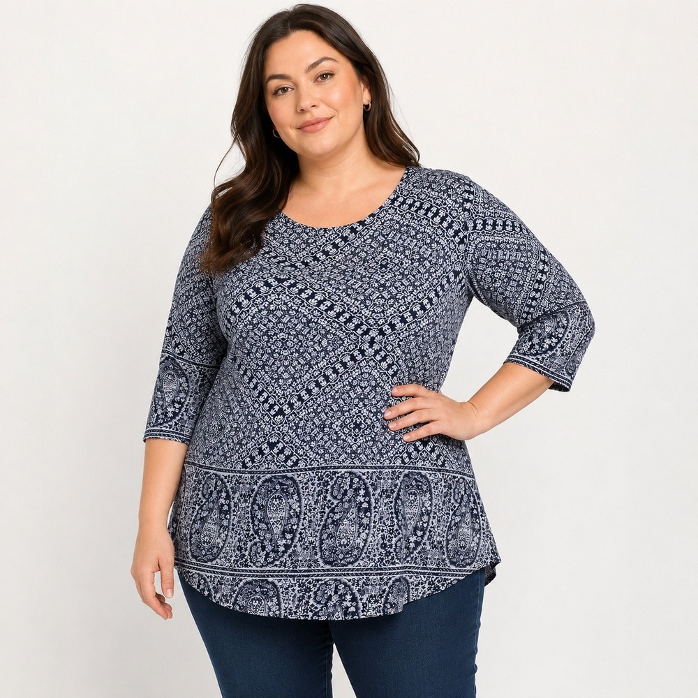 Lucky Brand Womens Navy‎ Paisley Geometric 3/4 Sleeve Cotton Modal Knit Top XL
